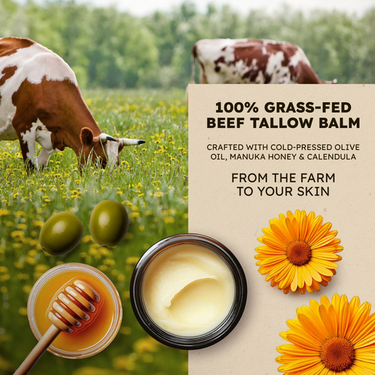 “Real Good Tallow balm ingredients displayed with grazing cows, olive fruits, honey, calendula flowers, and an open jar of creamy grass-fed beef tallow balm – From the farm to your skin”
